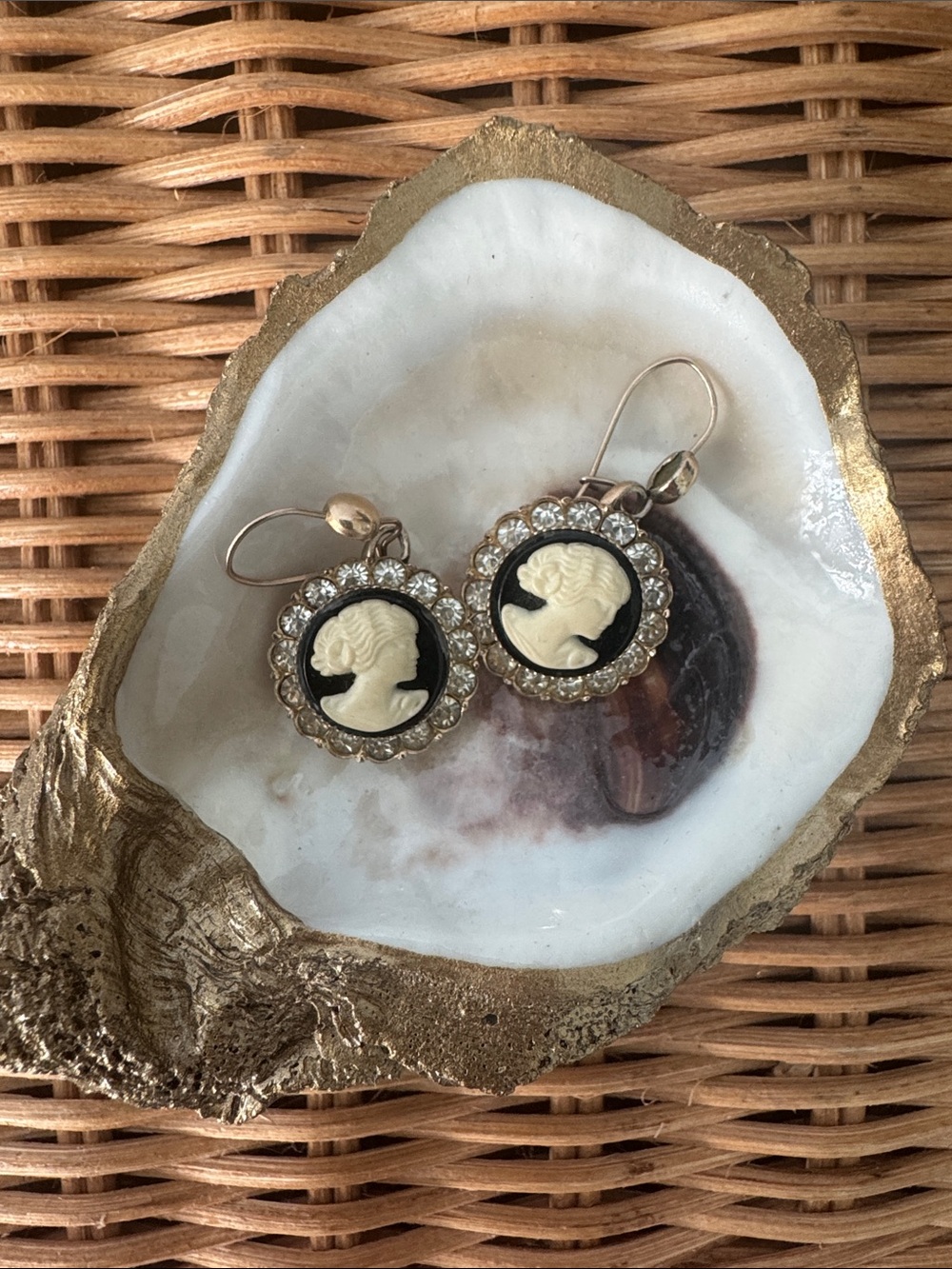 Vintage Gothic Regency Style Cameo Drop Earrings Clear Rhinestones